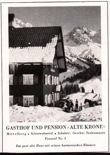 original Werbung - 1942 - Gasthof und Pension , Alte Krone in Mittelberg , Kleinwalsertal , G. Seelenmayer  !!!