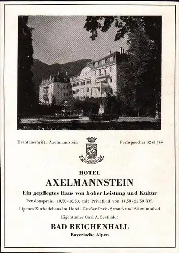 original Werbung - 1942 - Hotel Axelmannstein in Bad Reichenhall , Carl Seethaler !!!