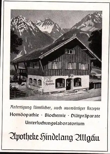original Werbung - 1942 - Apotheke in Bad Hindelang , Labor , Allgäu !!!