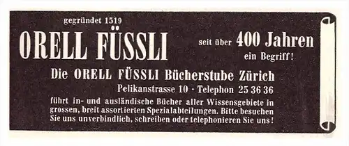 original Werbung / Reklame - 1959 - Orell Füssli , Bücherstube in Zürich , Buchhandlung , Bücher , Pelikanstrasse !!!