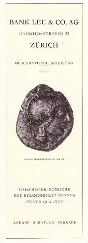 original Werbung / Reklame - 1959 - Bank Leu & Co in Zürich , Numismatik , griechische , römische , byzantinische Münzen