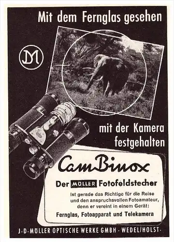 original Werbung / Reklame - 1959 - Feldstecher , J.D. Möller in Wedel / Holstein , Cam Binox , Jagd , Fernglas !!!