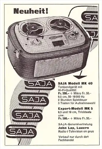 original Werbung / Reklame - 1959 - Saja , John Lay in Luzern , Tonbandgerät , Tonband !!!