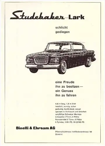 original Werbung / Reklame - 1959 - Studebaker Lark , Binelle & Ehrsam AG in Zürich ,  A4 Seite  !!!