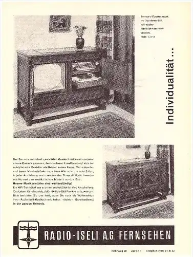 original Werbung / Reklame - 1959 - Radio- Iseli AG , Fernseher , Fernsehen , A4 Seite , Zürich , Schötz !!!