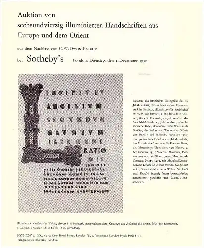 original Werbung / Reklame - 1959 - Sotheby `s  Auktion , C.W. Dyson Perrins , Handschriften aus Auropa und dem Orient !