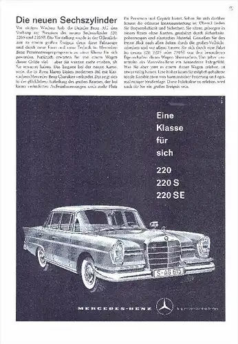 original Werbung / Reklame - 1959 - Mercedes 220 SE , Der neue Sechszylinder , Daimler-Benz , A4 Seite  !!!