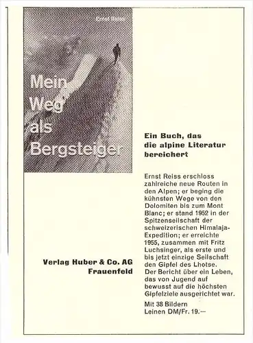 original Werbung / Reklame - 1959 -  Verlag Huber & CO in Frauenfeld , Buchverlag , Buch , Bergsteiger , Ernst Reiss !!!