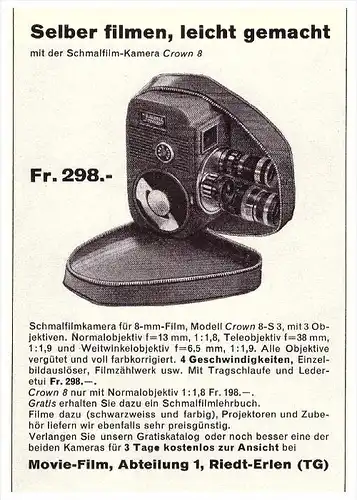 original Werbung - 1959 - Schmalfilm-Kamera Crown 8 , Movie-Film Riedt-Erlen , TG  !!!