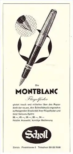 original Werbung - 1959 - Montblanc , Flügelfeder , Federhalter , Scholl , Zürich !!!