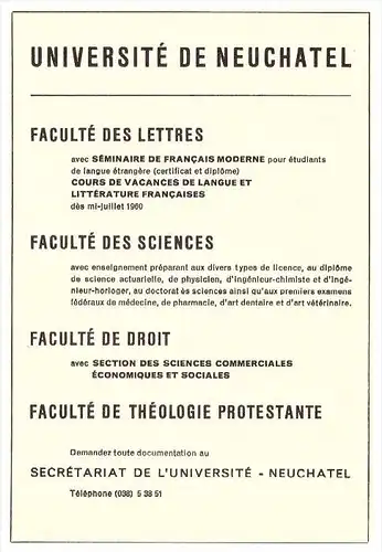 original Werbung - 1959 - Université de Neuchatel  !!!
