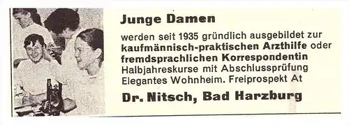 original Werbung - 1959 - Dr. Nitsch in Bad Harzburg , Arzthilfe , Arzt , Krankenhaus !!!