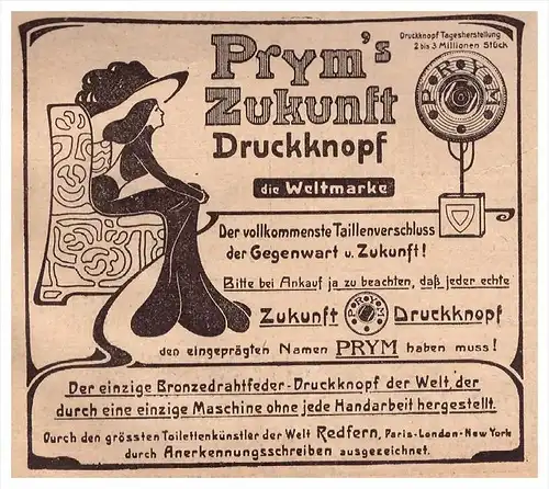 original Werbung - 1908 - Prym`s Druckknopf , PRYM , Knopf  !!!