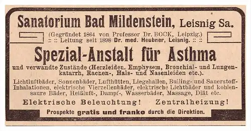 original Werbung - 1908 - Sanatorium Bad Mildenstein b. Leisnig i. Sa. , Artzt , Apotheke , Krankenhaus !!!