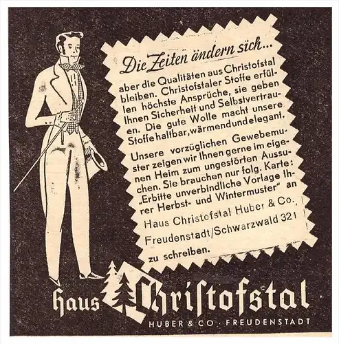 original Werbung - 1951 - Tuchfabrik Christofstal , Christophstal b. Freudenstadt !!!
