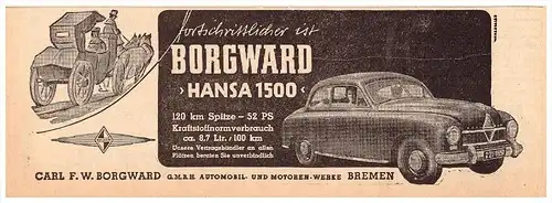 original Werbung - 1951 - Borgward Hansa 1500 , Oldtimer , Bremen !!!