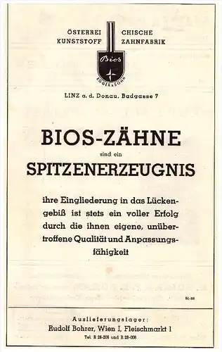 original Werbung - 1947 - BIOS Zähne Linz a.d. Donau , Rudolf Bohrer in Wien , Zahnarzt , Stomatologe , Dental !!!