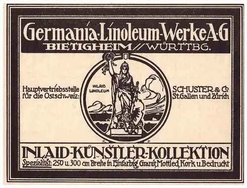 original Werbung - 1914 - Germania Linoleum-Werke in Bietigheim , Inlaid-Künstler !!!