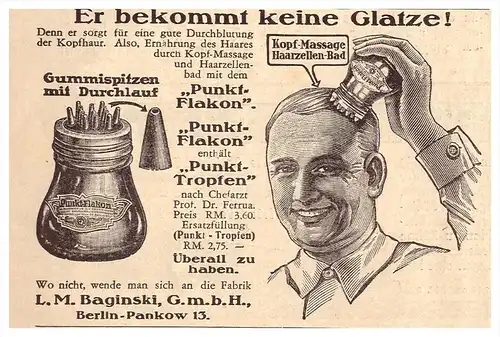 original Werbung - 1929 - Mittel gegen Glatze , Haarausfall , L. Baginski in Berlin  !!!