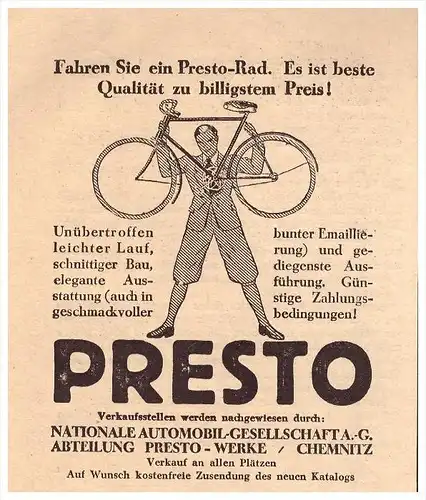original Werbung - 1929 - PRESTO - Fahrrad , Nationale Automobil AG , Prestowerke Chemnitz !!!