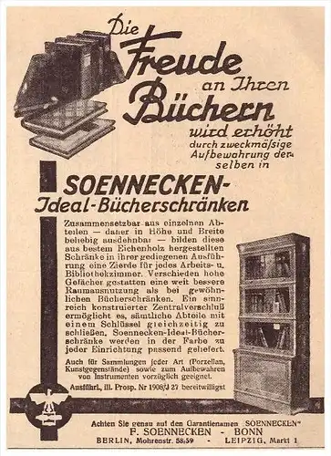 original Werbung - 1929 - Soennecken , Bücherschränke , Schrank , Möbel , Bonn , Leipzig !!!