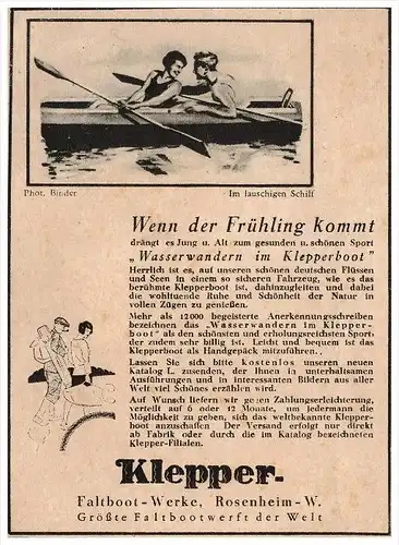 original Werbung - 1929 - Klepper , Zelte , Faltboot-Werke in Rosenheim , Werft !!!