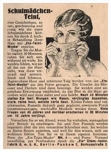 original Werbung - 1929 - Schulmädchen Teint , Maske , ETA-Fabrik in Berlin , Borkumstraße , Schönheit !!!