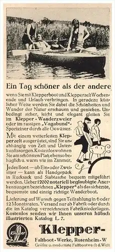 original Werbung - 1929 - Klepper , Zelte , Faltboot-Werke in Rosenheim , Werft !!!