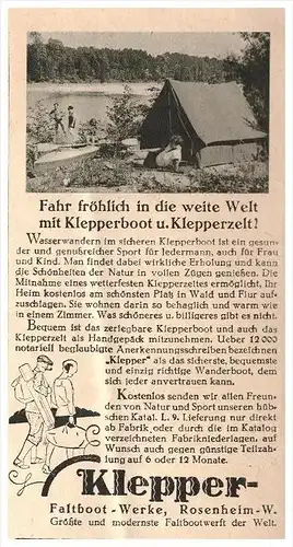 original Werbung - 1929 - Klepper , Zelte , Faltboot-Werke in Rosenheim , Werft !!!