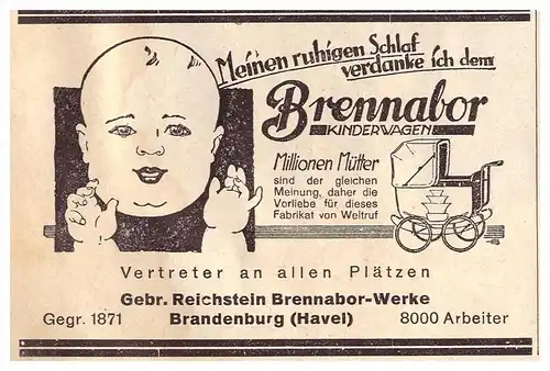 original Werbung - 1929 - BRENNABOR Kinderwagen , Brennabor-Werke in Brandenburg a.H. !!!