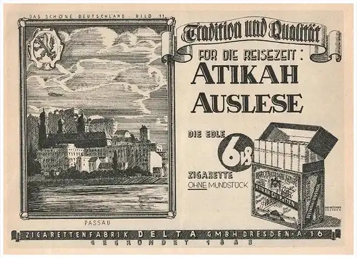 original Werbung - 1928 - ATIKAH Zigaretten , Auslese , Zigarettenfabrik Delta in Dresden !!!