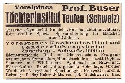 original Werbung - 1928 - Töchterinstitut Prof. Buser in Teufen / Schweiz , Appenzell , Zugerberg  !!!