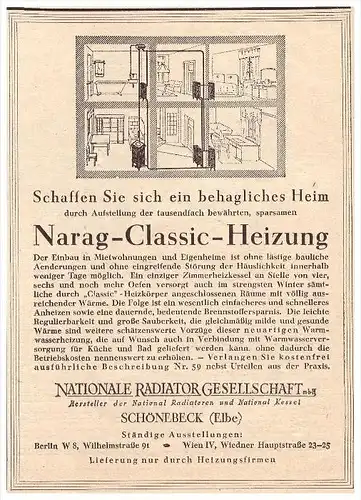 original Werbung - 1928 - Narag-Heizung in Schönebeck a. Elbe , Heizungsbau , Nationale Radiator Gesellschaft !!!