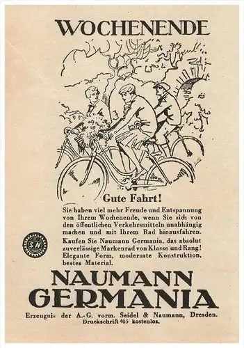 original Werbung - 1928 - Naumann Germania , Fahrrad , Seidel & Naumann in Dresden !!!