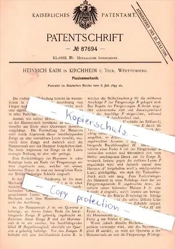 Original Patent -  H. Kaim in Kirchheim u. Teck , Württemberg , 1895 , Pianinomechanik !!!