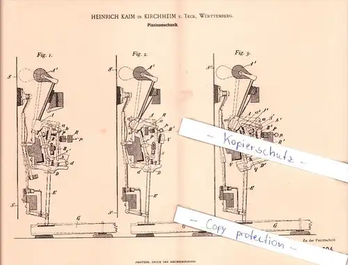 Original Patent -  H. Kaim in Kirchheim u. Teck , Württemberg , 1895 , Pianinomechanik !!!