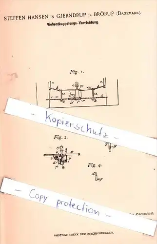 Original Patent - S. Hansen in Gjerndrup b. Brörup , Dänemark , 1898 , Vie hentkupplungs-Vorrichtung!!!