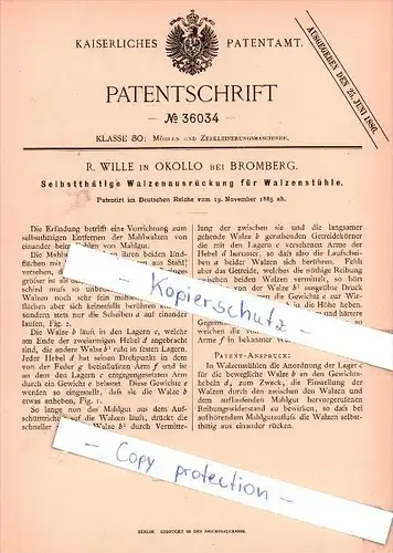 Original Patent - R. Wille in Okollo bei Bromberg , 1885 , Walzenausrückung für Walzenstühle !!!