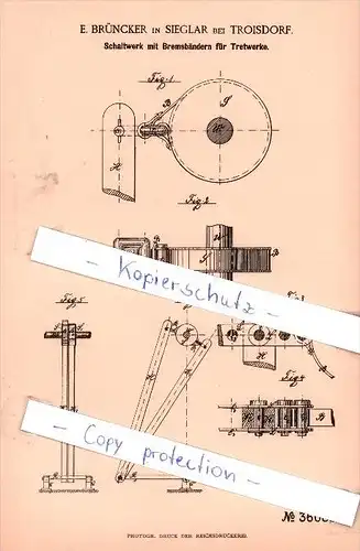 Original Patent - E. Brüncker in Sieglar bei Troisdorf , 1885 , Schaltwerk mit Bremsbändern  !!!