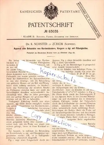 Original Patent - Dr. K. Schniter in Zürich , Schweiz , 1894 , Behandeln von Kardenbändern !!!