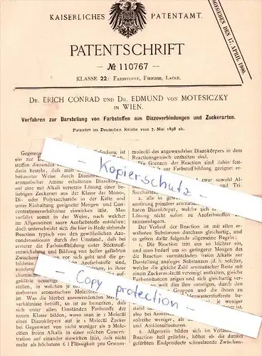 Original Patent - Dr. E. Conrad und Dr. E. von Motesiczky in Wien , 1898 , Farbstoffe !!!