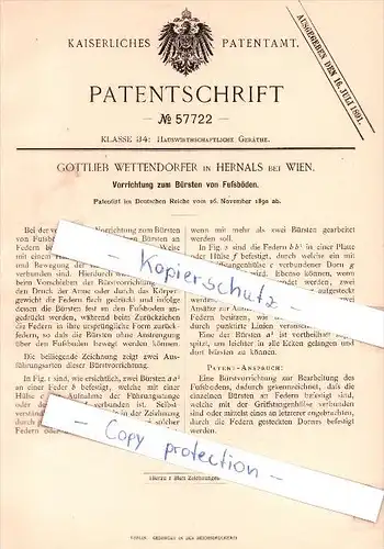 Original Patent - G. Wettendorfer in Hernals bei Wien , 1890 , Bürsten von Fußböden !!!
