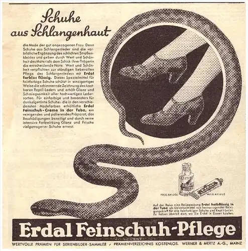 original Werbung - 1930 -  Alligator , Erdal - Schuhplfege , Schuhe , Schlange !!!