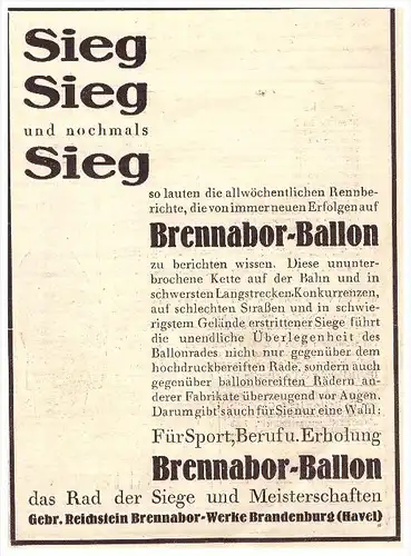 original Werbung - 1930 - Brennabor-Ballon , Sieg , Sieg ...  Gebr. Reichstein in Brandenburg a. Havel !!!