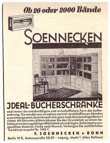 original Werbung - 1930 - Soennecken , Bücherschränke , Schrank , Möbel , Bonn , Leipzig !!!