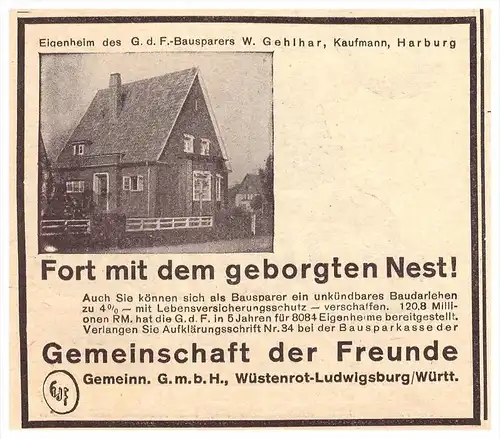 original Werbung - 1930 - Gemeinschaft der Freude , Ludwigsburg / Württemberg , Wüstenrot !!!