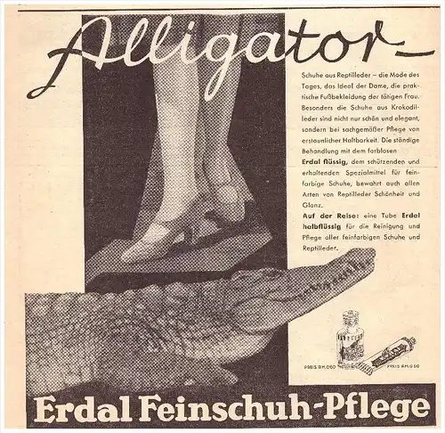 original Werbung - 1930 -  Alligator , Erdal - Schuhplfege , Schuhe , Krokodil !!!