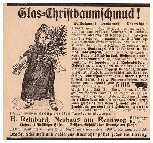 original Werbung - 1907 - Glas- Christbaumschuck , Weihnachten , E. Reinhard in Neuhauss am Rennweg , Christbaum !!!