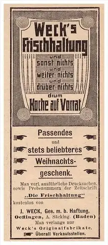 original Werbung - 1907 - Weck`s Frischhaltung in Oeflingen b. Wehr i.B., A. Säckling !!!