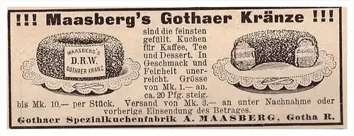 original Werbung - 1907 - A. Maasberg in Gotha , Gothaer Kränze , Bächerei , Bäcker , Torte , Kuchen !!!